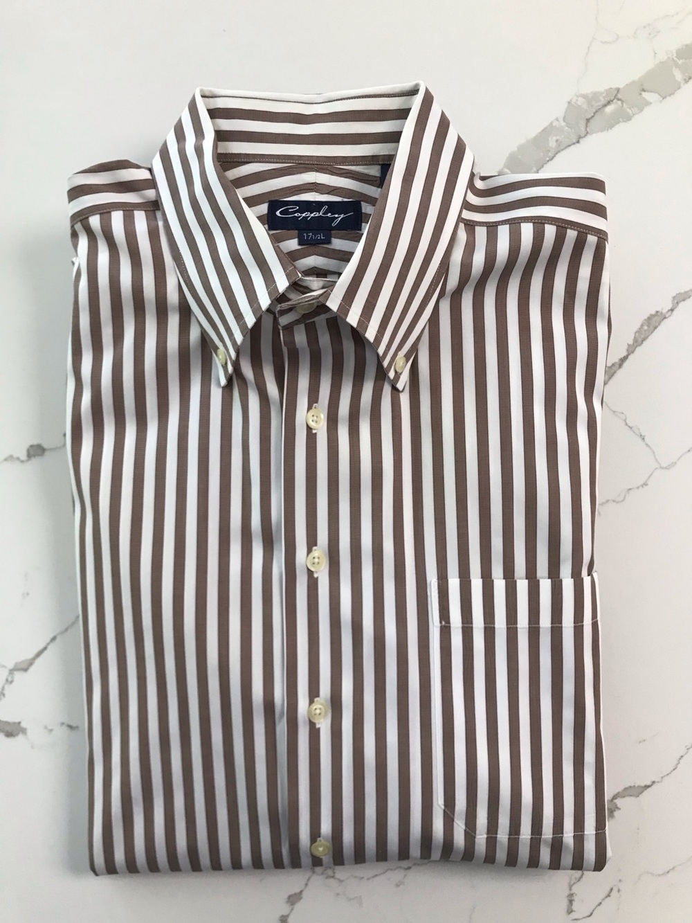 Coppley Brown & White Stripe Men's Button-Down Shirt 17.5” Collar 100% Cotton